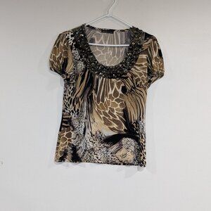 Laura Studio Jeweled Animal Print Short Sleeve Blouse Tan Black Size 12